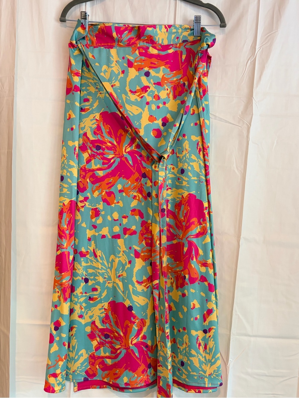 Source Unknown Teal Reversible  Midi Skirt with Pink & Yellow Floral Print